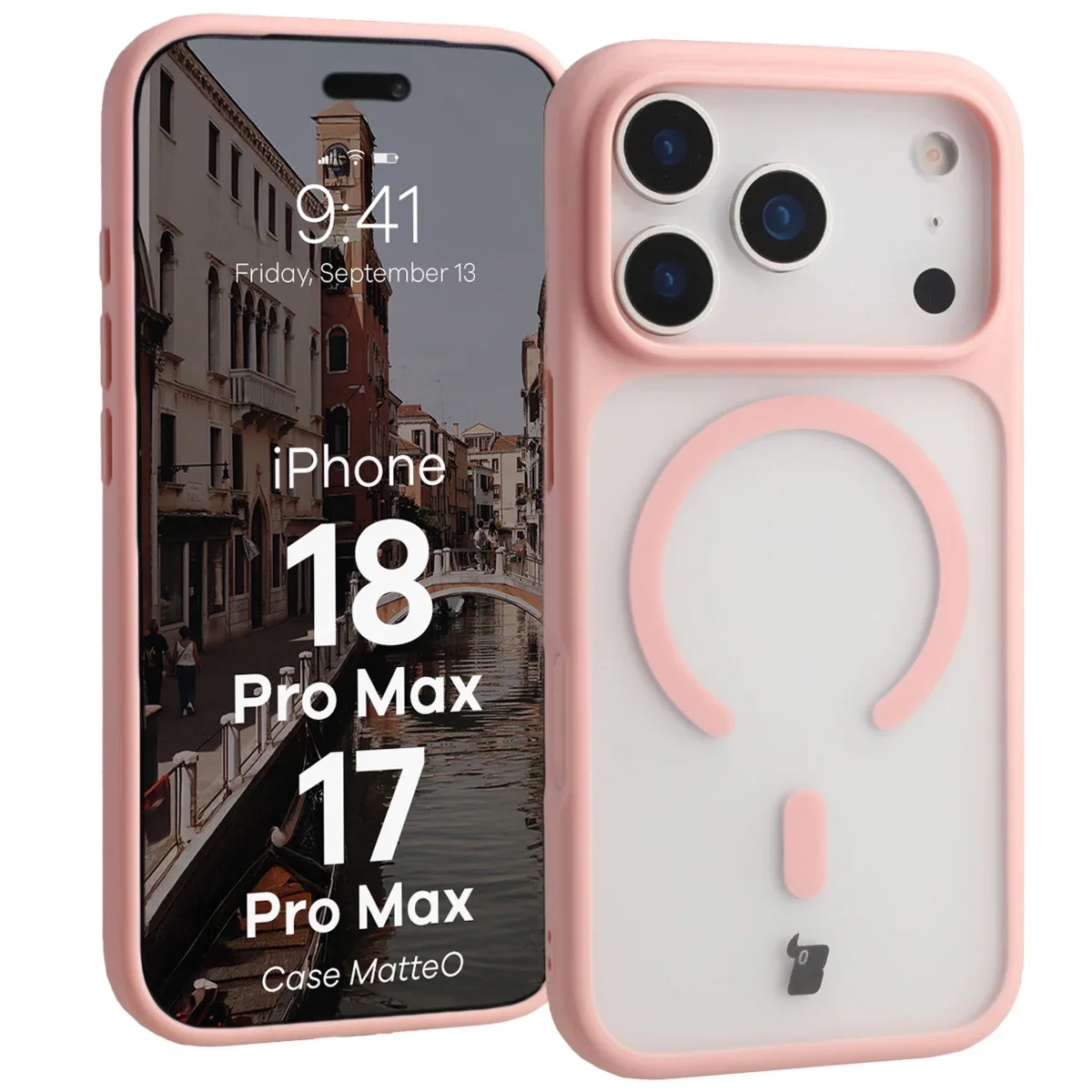 Etui z pierścieniem magnetycznym Bizon Case MatteO do iPhone 18 Pro Max / 17 Pro Max, przydymione-jasnoróżowe