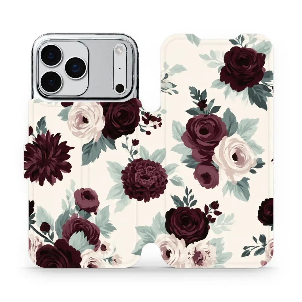 Etui z klapką do iPhone 17 Pro Max, Mobiwear Book, róże z szałwią na kremie