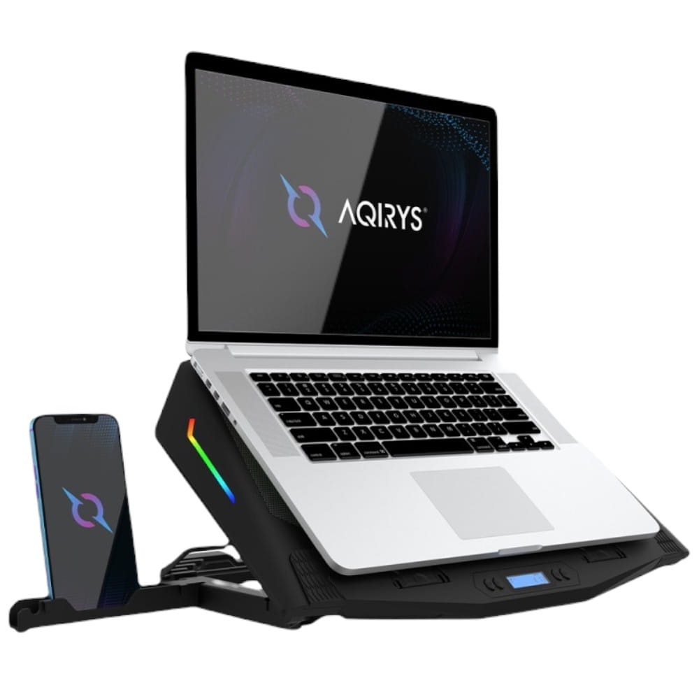 Image of Podstawka chłodząca pod laptopa do 17", AQIRYS Pluto RGB z uchwytem na telefon, czarna