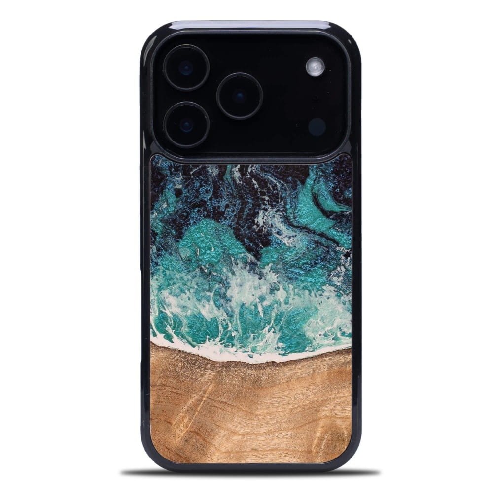 Drewniane etui do iPhone 17 Pro, Bewood Unique Dream Island, niebiesko-brązowe