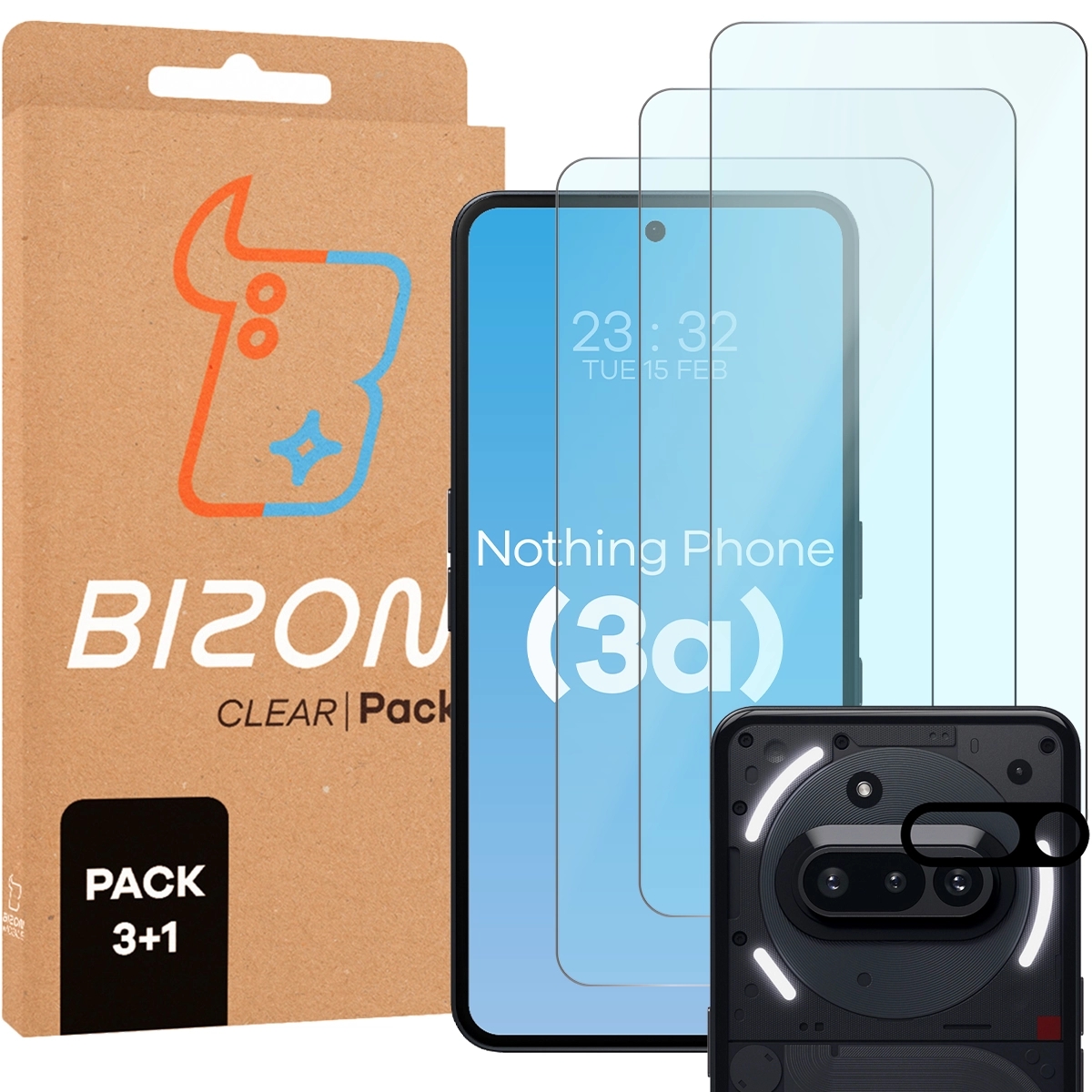 Image of 3x Szkło hartowane + szybka na aparat Bizon Glass Clear 2 Pack do Nothing Phone (3a)