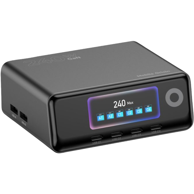 Stacja ładująca GaN z wyświetlaczem 240W, ładowarka biurkowa 4x USB-C / 2x USB-A, Mobile Origin PW39, czarna