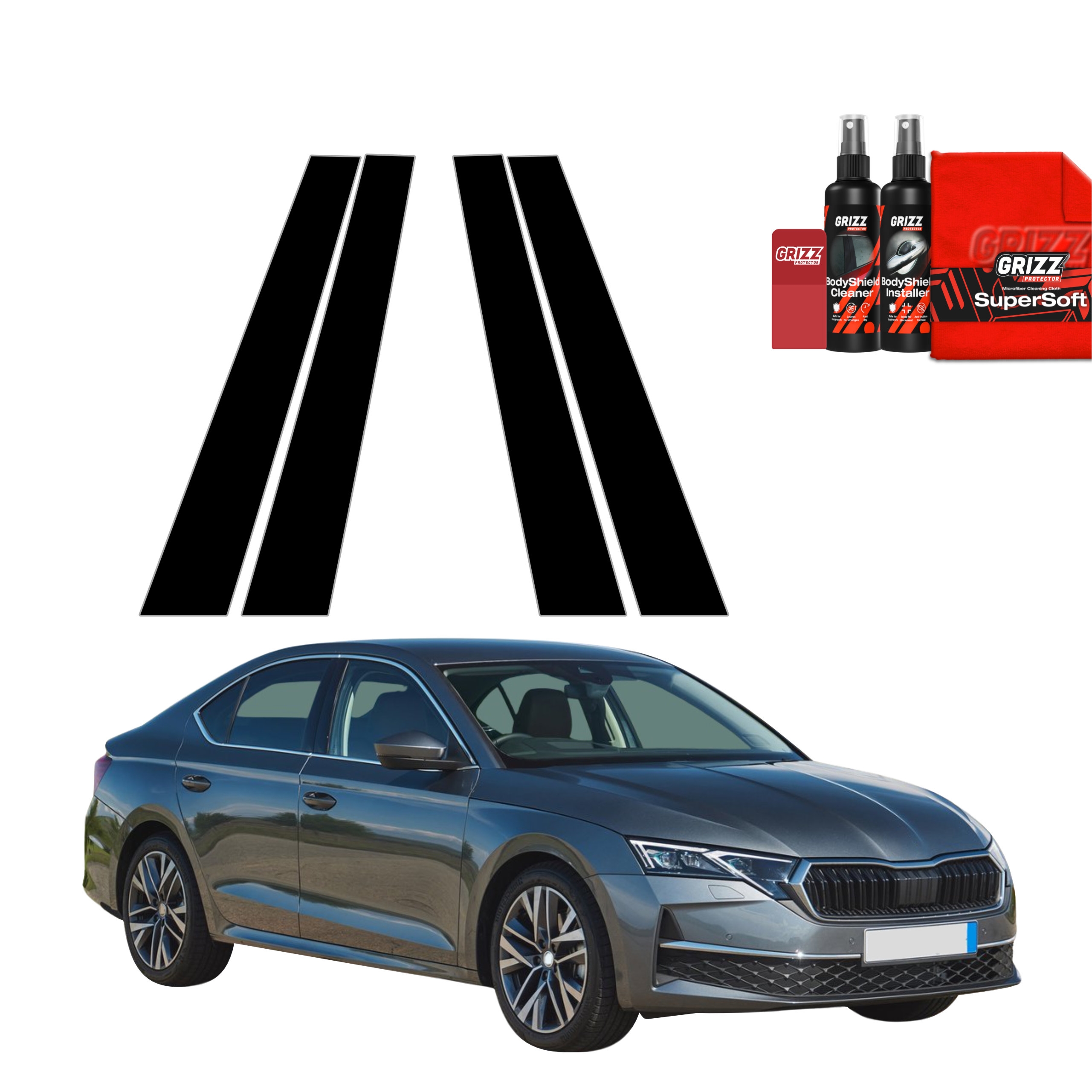 4w1 Czarna folia ochronna Grizz Protector na słupki Skoda Octavia 4 Liftback Facelift (2024-2026)