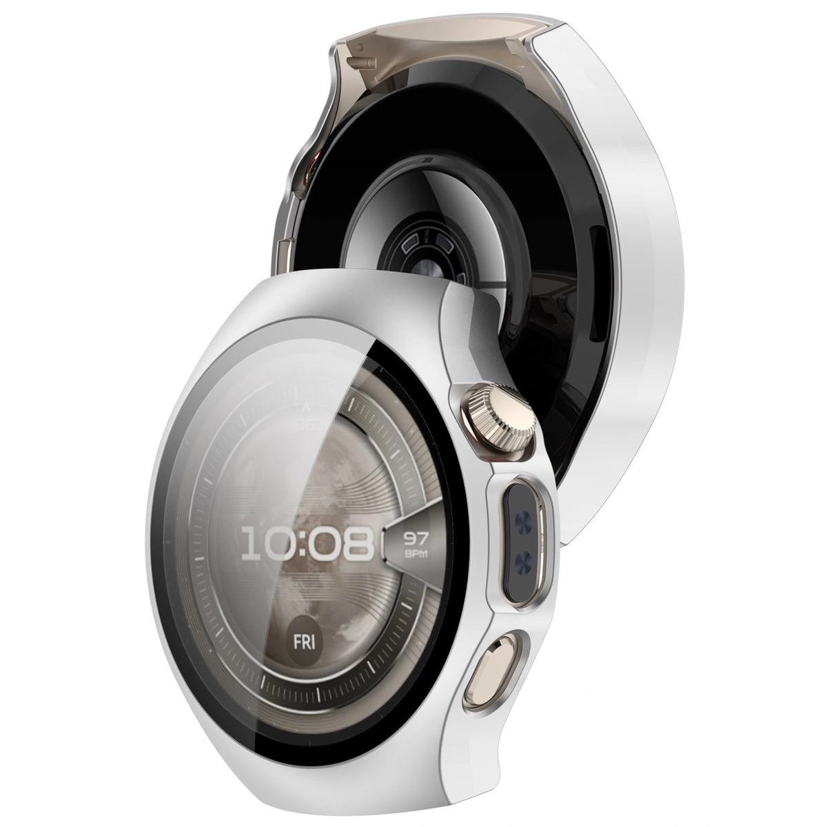 Etui ze szkłem do zegarka Bizon Case Watch Adamo do Huawei Watch 5 46 mm, satynowo srebrne