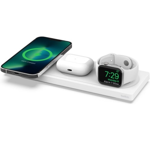 Image of Ładowarka indukcyjna Belkin Boost Pro MagSafe 3-in-1 Qi dla Apple Watch / AirPods / iPhone z MagSafe +AC, biała