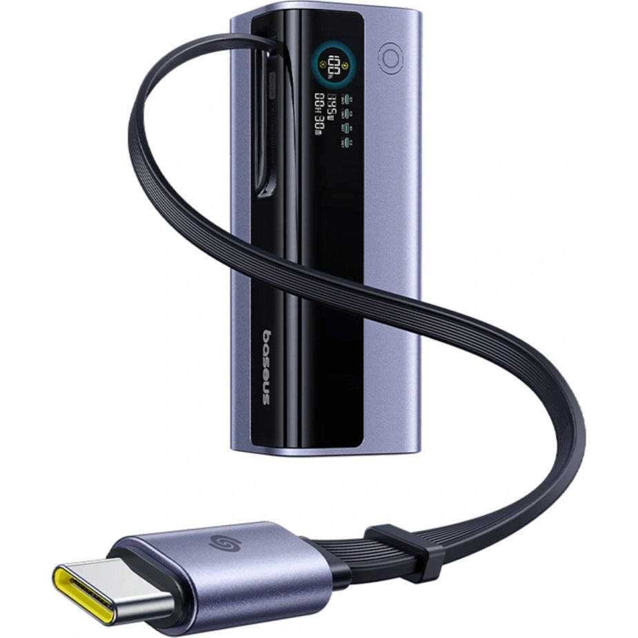 Powerbank Baseus EnerGeek GR11, 20 000mAh, PD 145W, 1x USB-A, 2x USB-C z wyświetlaczem i zwijanym kablem USB-C, szary