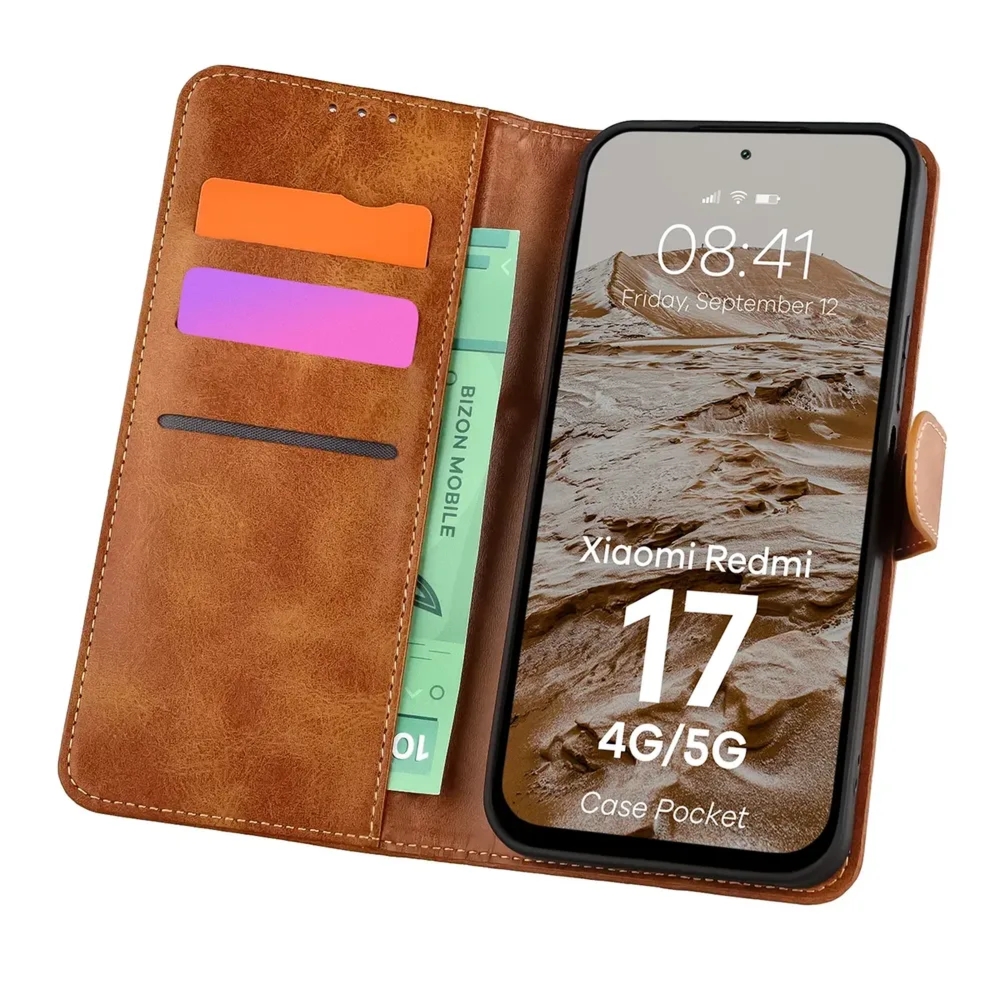 Etui z klapką Bizon Case Pocket do Xiaomi Redmi 17 4G/5G, brązowe