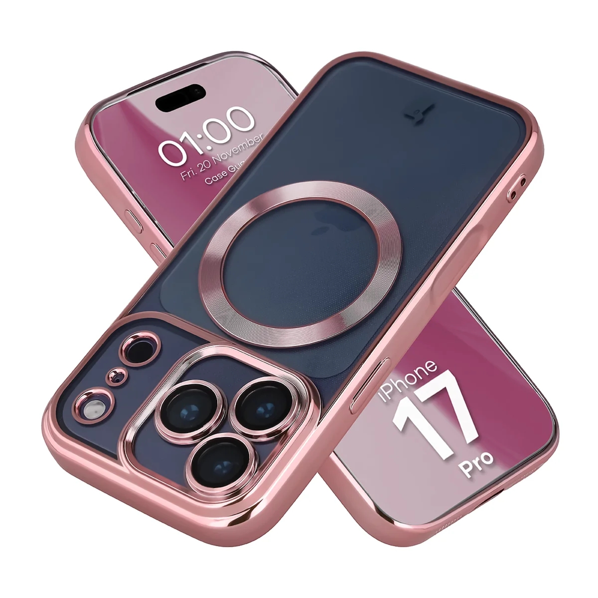 Etui z ochroną aparatu i pierścieniem magnetycznym Bizon Case GuardO do iPhone 17 Pro, przezroczysto-różowe