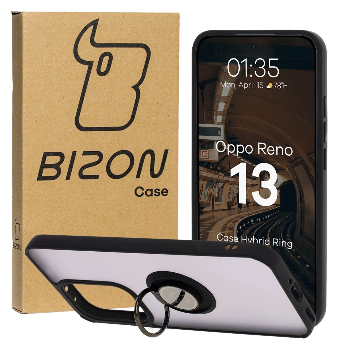 Image of Etui z uchwytem na palec Bizon Case Hybrid Ring do Oppo Reno13, przydymione z czarną ramką