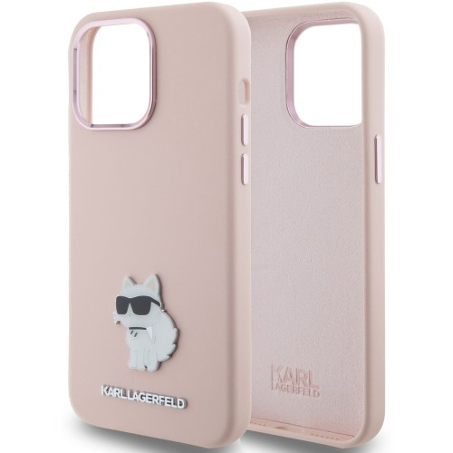 Image of Etui Karl Lagerfeld Silicone Choupette Metal Pin do iPhone 15, różowe