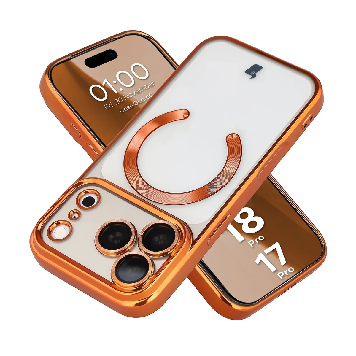 Etui z ochroną aparatu i pierścieniem magnetycznym Bizon Case GuardO do iPhone 18 Pro / 17 Pro, przezroczysto-pomarańczowe