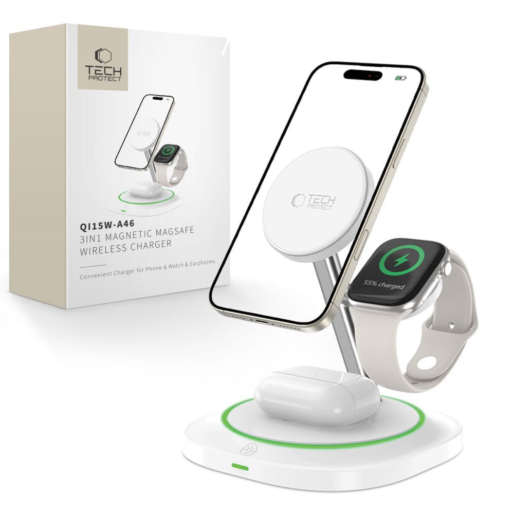 Ładowarka indukcyjna Tech-Protect Qi15W A46 3w1, Qi do MagSafe, biała
