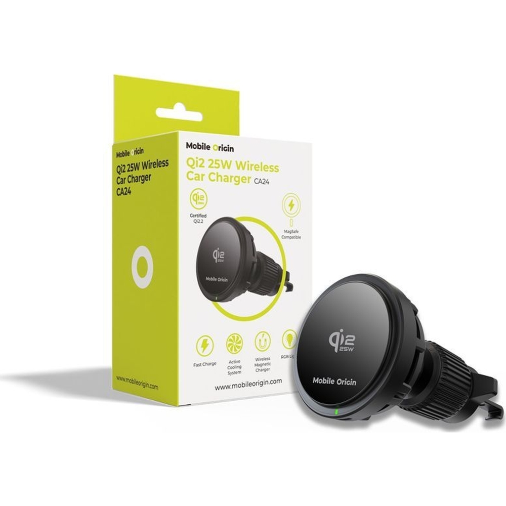 Magnetyczny uchwyt samochodowy z ładowaniem indukcyjnym Qi2 25W Mobile Origin CA24 do kratki nawiewu, czarny