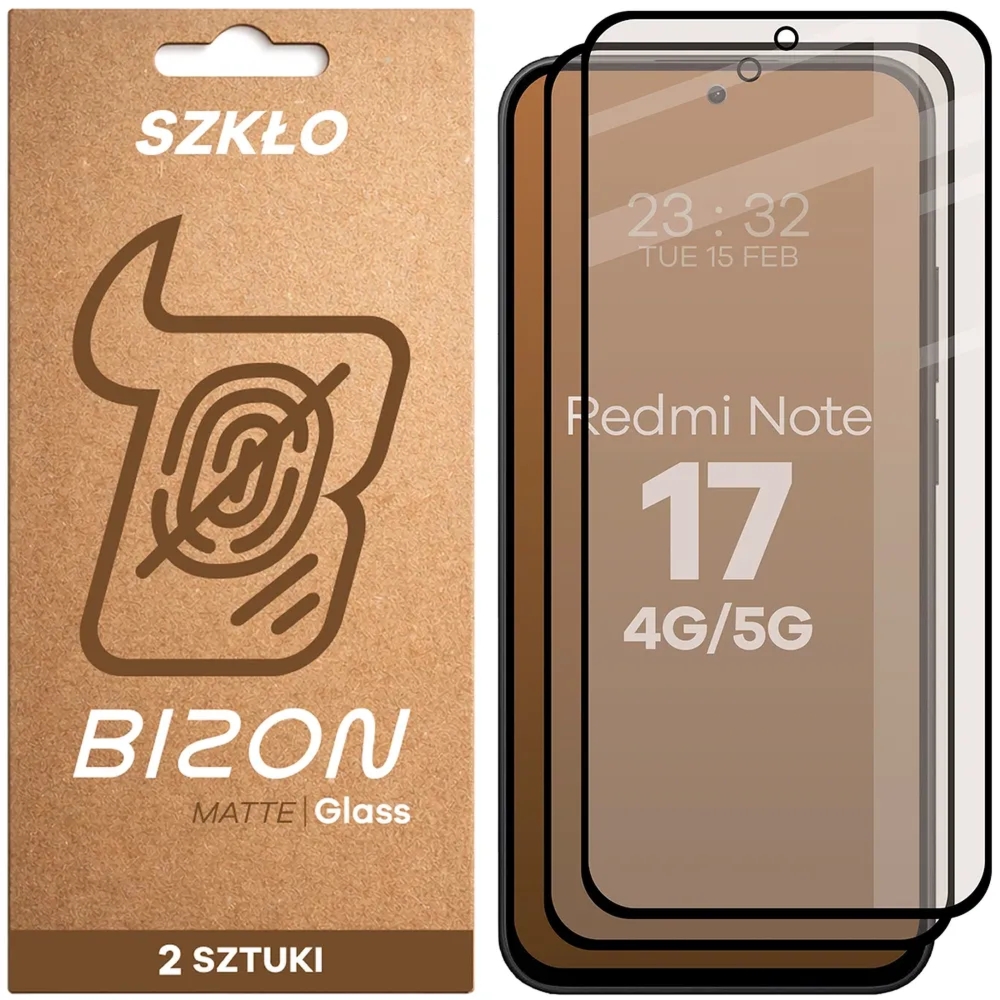 Matowe szkło hartowane Bizon Glass Matte Duo do Xiaomi Redmi Note 17 4G/5G, czarna ramka, 2 sztuki