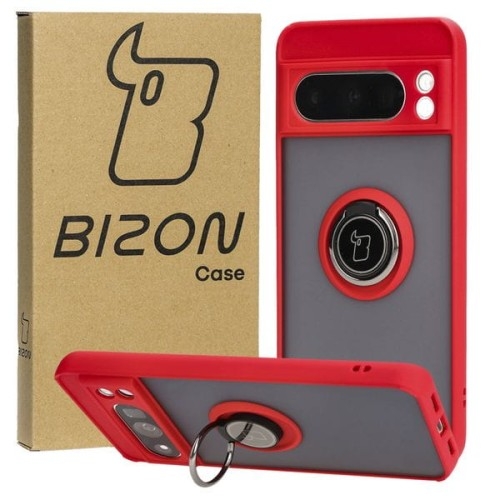 Image of Etui z uchwytem na palec Bizon Case Hybrid Ring do Google Pixel 8 Pro, przydymione z czerwoną ramką