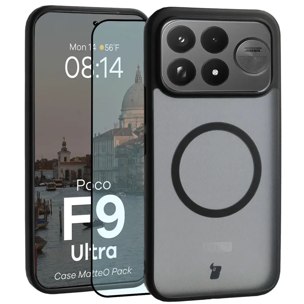 Etui z pierścieniem magnetycznym + szkło hartowane Bizon MatteO Pack do Xiaomi POCO F9 Ultra, przydymione-czarne
