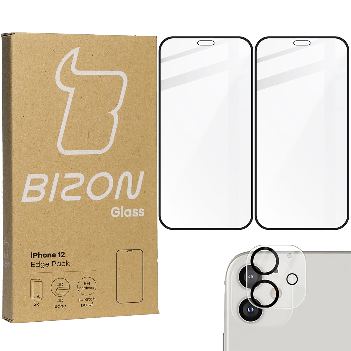 Image of 2x Szkło + szybka na aparat Bizon Edge Pack, iPhone 12, czarne