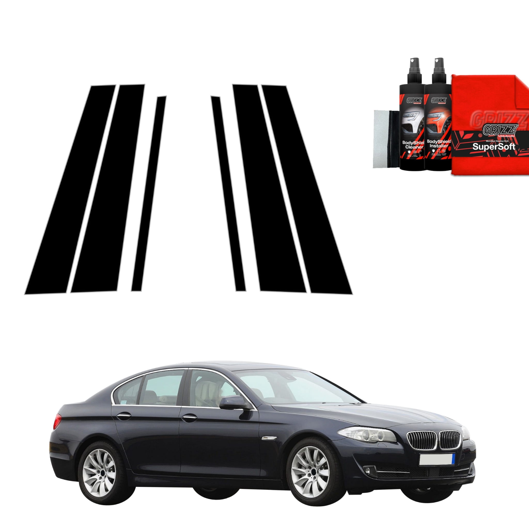6w1 Czarna folia Grizz Protector na słupki do BMW 5 F10 Sedan PreLCI (2010-2012)