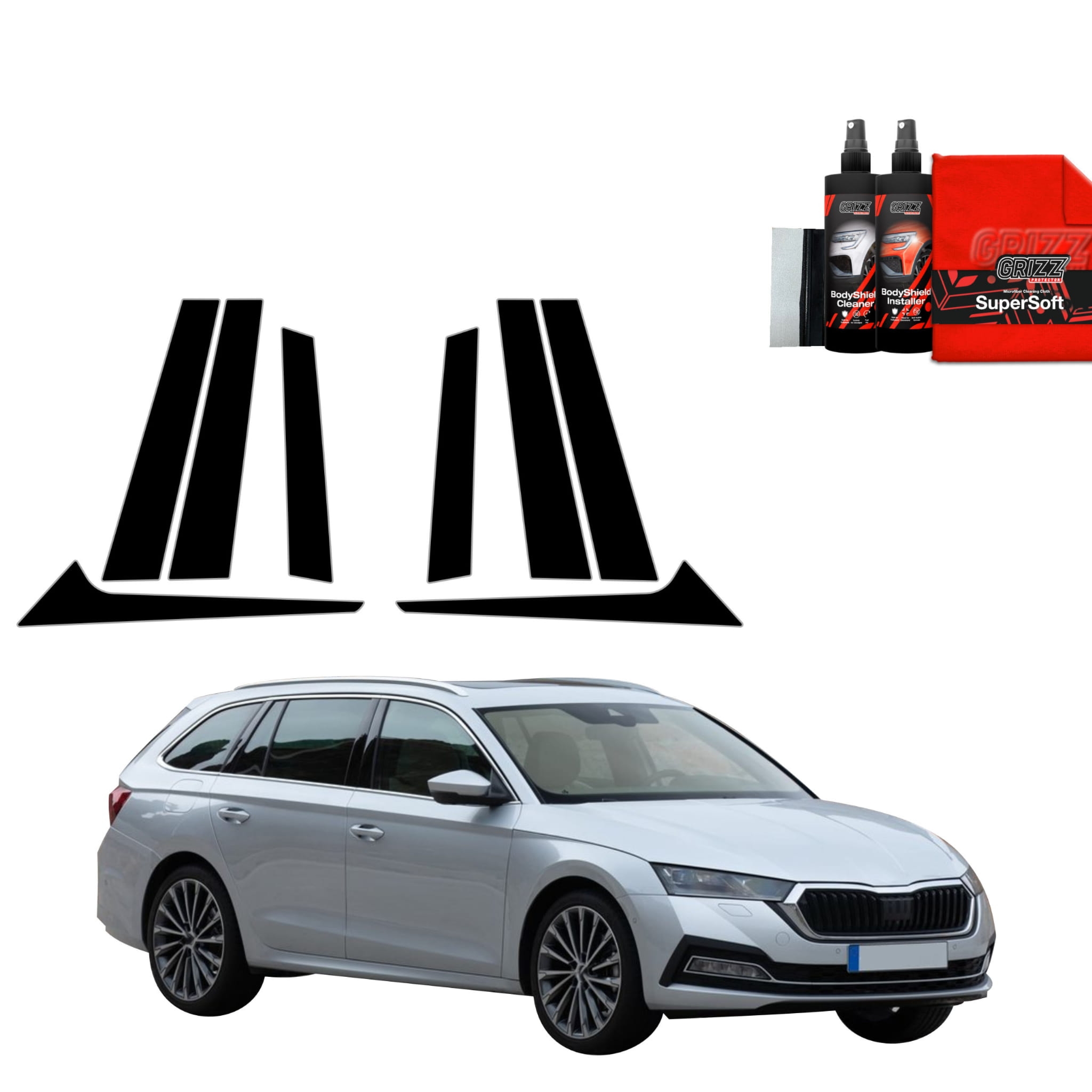 OUTLET: 8w1 Czarna folia Grizz Protector na słupki do Skoda Octavia 4 Kombi (2019-2024)