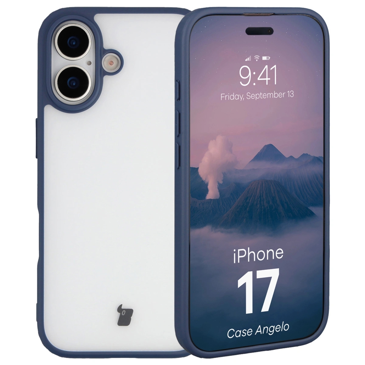Etui Bizon Case Angelo do iPhone 17, półprzezroczyste z granatową ramką