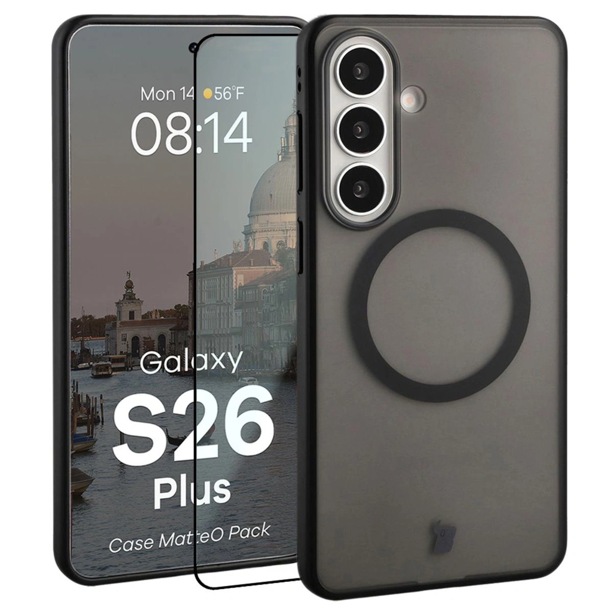 Etui z pierścieniem magnetycznym + szkło hartowane Bizon MatteO Pack do Galaxy S26 Plus, przydymione-czarne