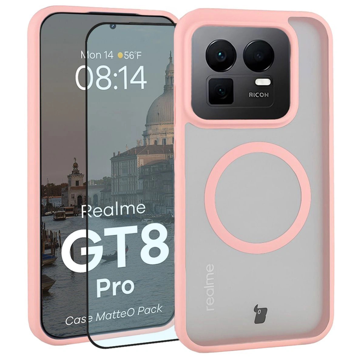Etui z pierścieniem magnetycznym + szkło hartowane Bizon MatteO Pack do Realme GT 8 Pro, przydymione-jasnoróżowe