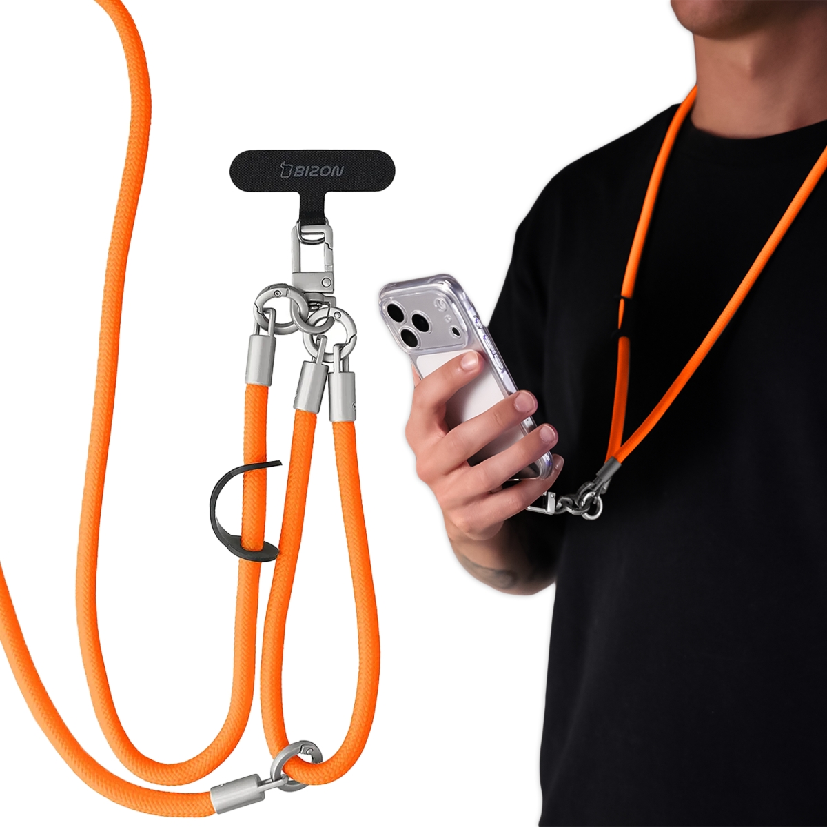 Uniwersalna smycz do telefonu na nadgarstek, szyję i ramię Bizon Accessories ReLoop, neonowo-pomarańczowa