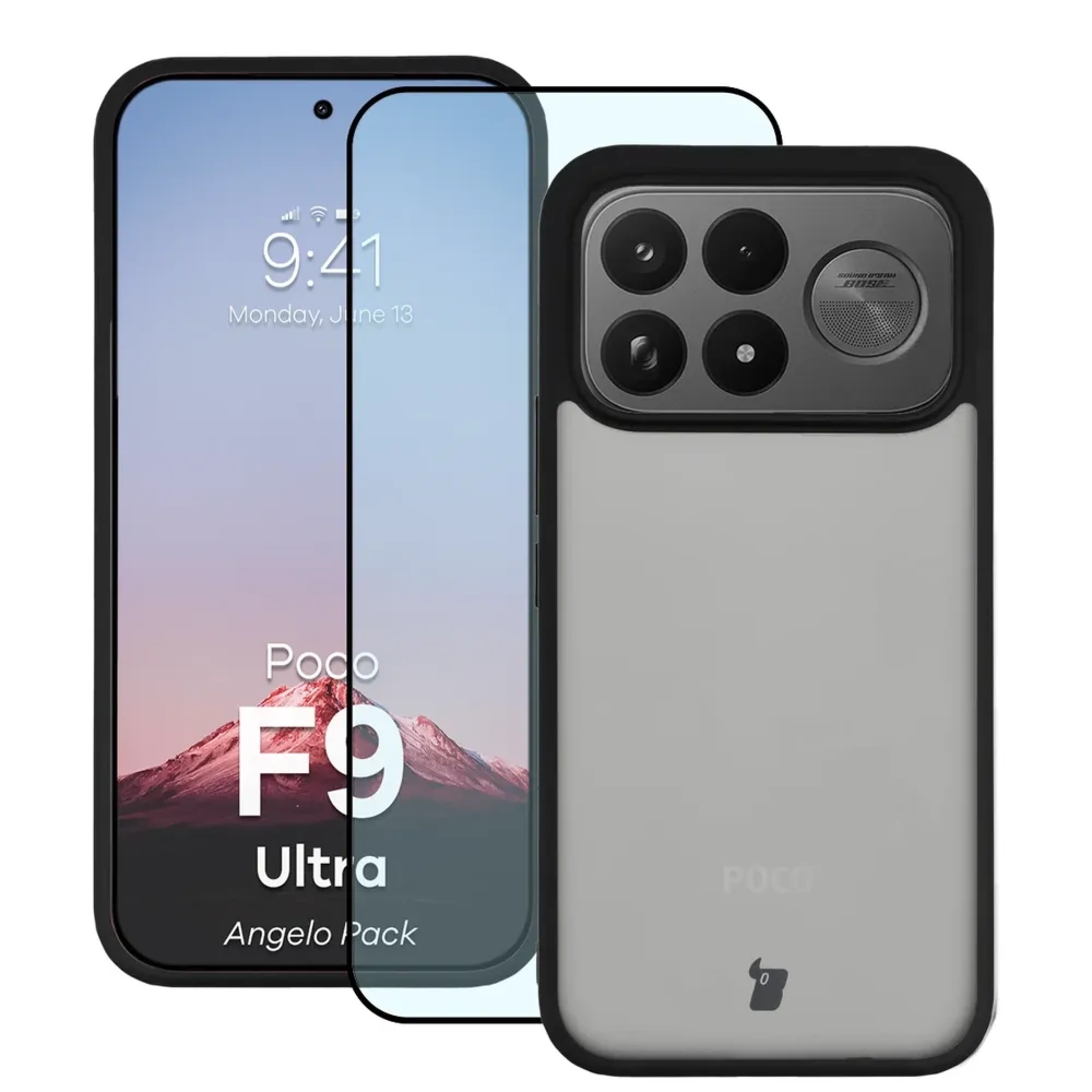 Etui + szkło hartowane Bizon Angelo Pack do Xiaomi POCO F9 Ultra, przydymione z czarną ramką
