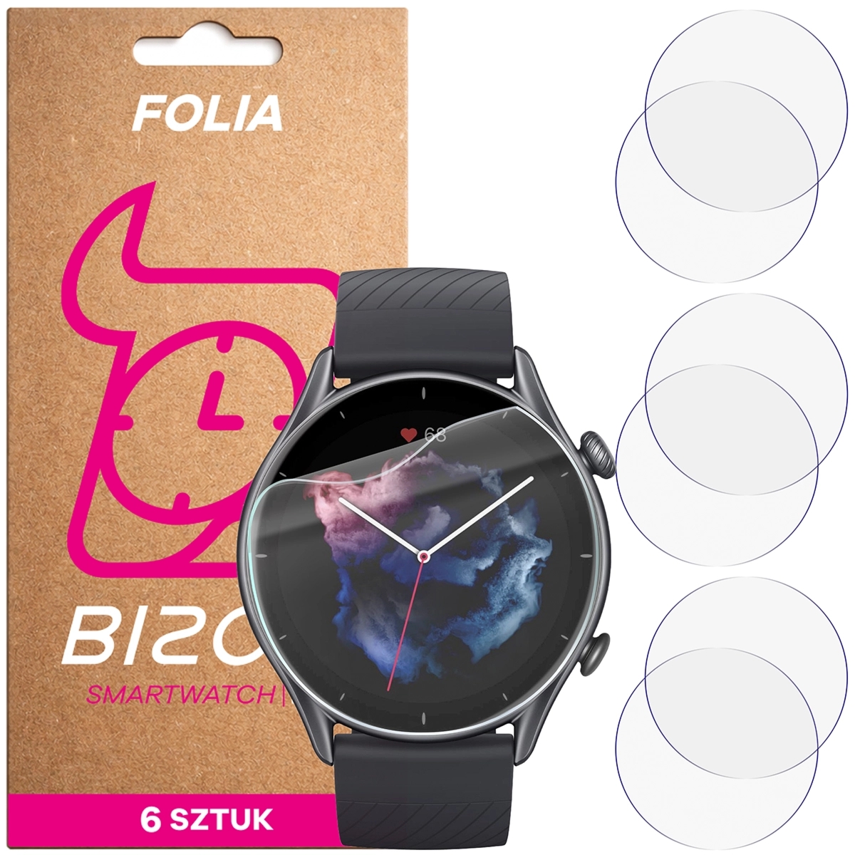 Folia ochronna na ekran zegarka Bizon Watch Film HydroFlex do Amazfit GTR 3, 6 sztuk