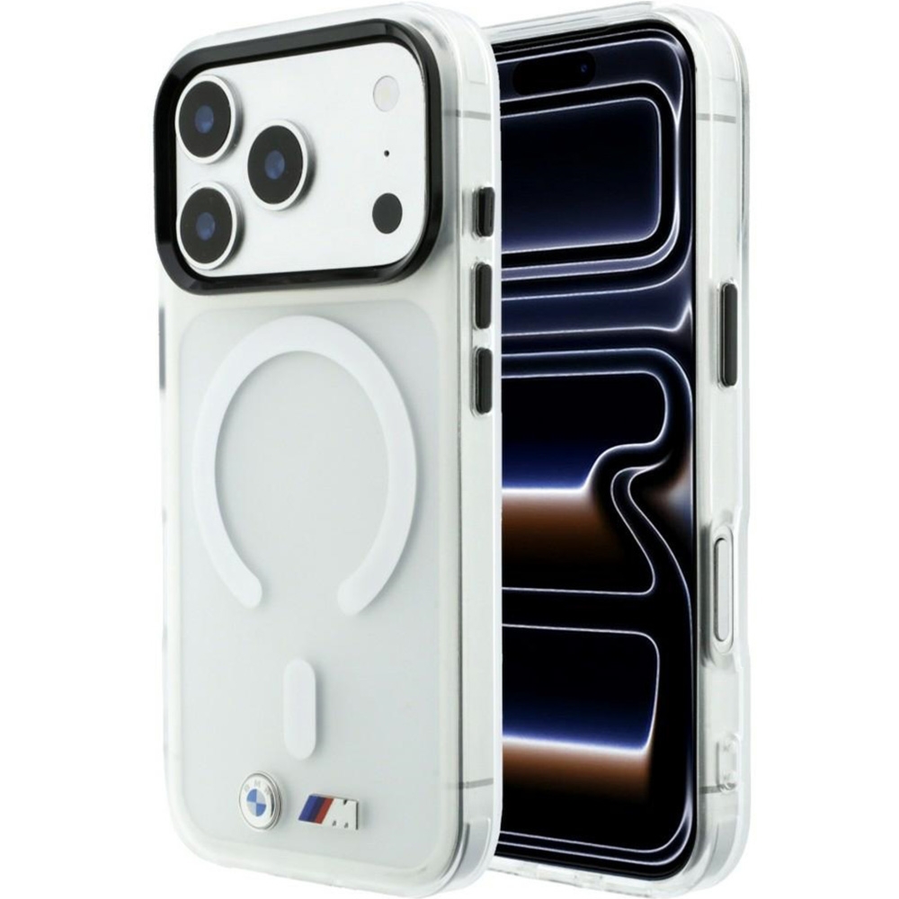 Etui BMW M IML Frosted Metal Logo Trims do iPhone 18 Pro Max / 17 Pro Max, do MagSafe, przezroczysto-przydymione