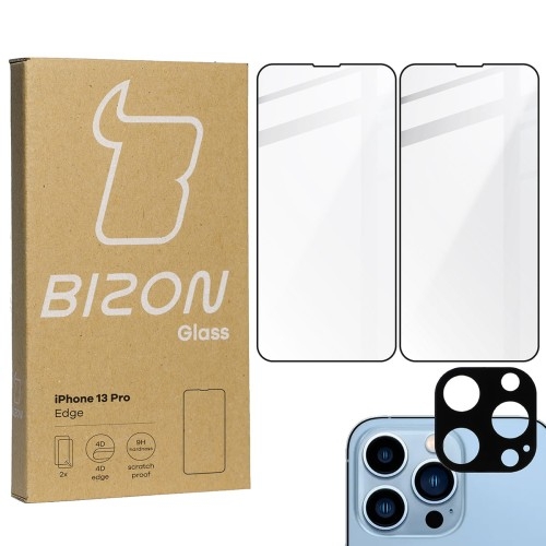 Image of Szkło hartowane Bizon Glass Edge - 2 sztuki + ochrona na obiektyw, iPhone 13 Pro, czarne