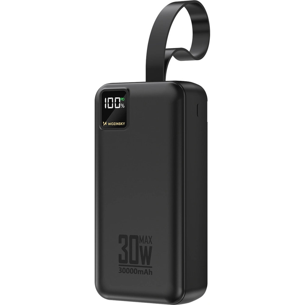 Powerbank Wozinsky WZ8 z wyświetlaczem i latarką LED, 30000 mAh, PD 30W, 1x USB-C, 2x USB-A, czarny