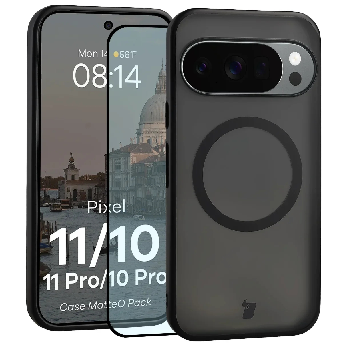 Etui z pierścieniem magnetycznym + szkło hartowane Bizon MatteO Pack do Google Pixel 11 / 11 Pro / 10 / 10 Pro, przydymione-czarne