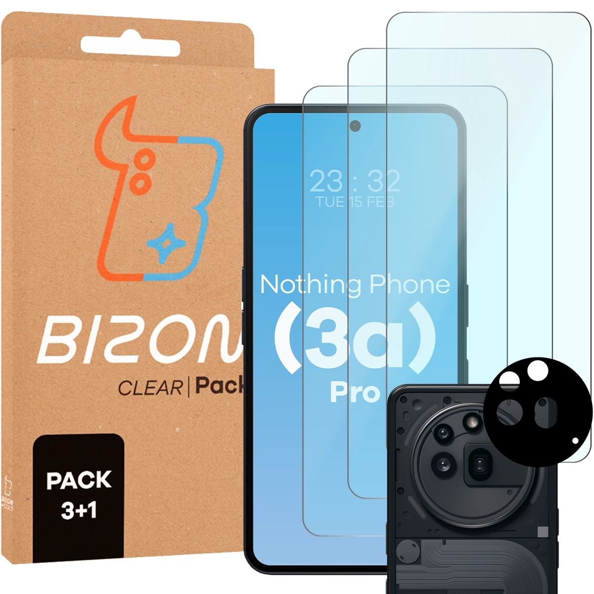 Image of 3x Szkło hartowane + szybka na aparat Bizon Glass Clear 2 Pack do Nothing Phone (3a) Pro