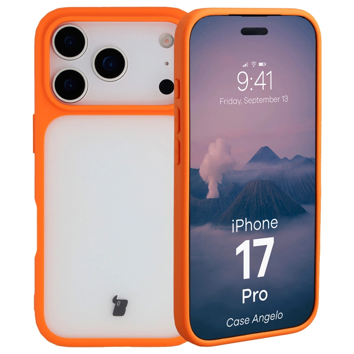 Etui Bizon Case Angelo do iPhone 17 Pro, półprzezroczyste z pomarańczową ramką