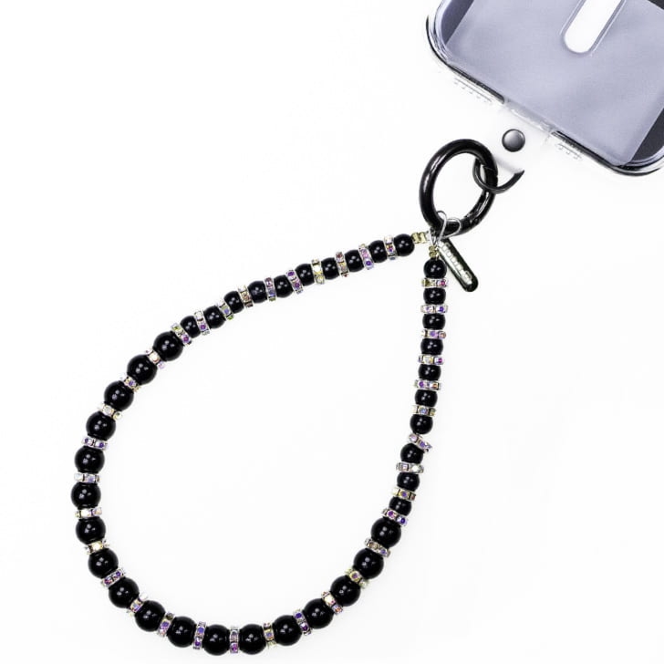 Smycz uniwersalna do telefonu Crong Phone Charm na nadgarstek, czarna z srebrnymi zdobieniami