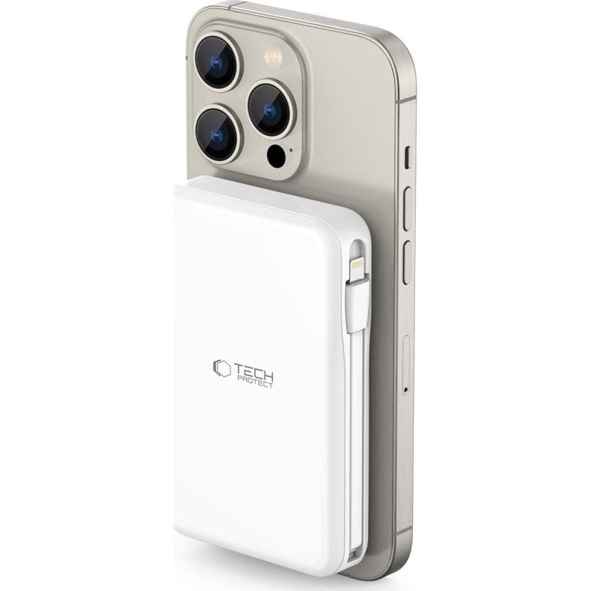 Image of Powerbank z ładowaniem indukcyjnym 10000mAh 15W z wbudowanym kablem USB-C i Lightning, Tech-Protect PB31 Lifemag, biały