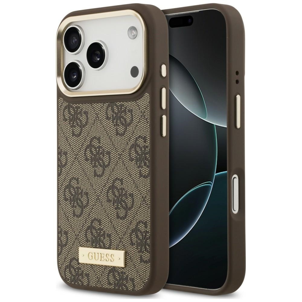 Etui Guess 4G Logo Plate do iPhone 18 Pro / 17 Pro, brązowe