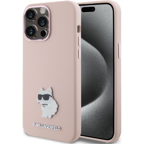 Image of Etui Karl Lagerfeld Silicone Choupette Metal Pin do iPhone 15 Pro, różowe