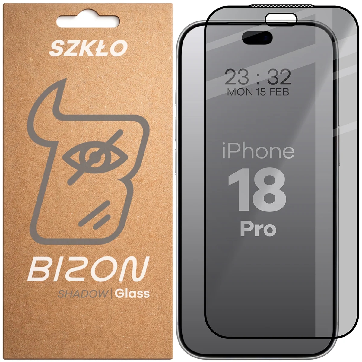 Prywatyzujące szkło hartowane Bizon Glass Edge Shadow do iPhone 18 Pro, przyciemniane z czarną ramką