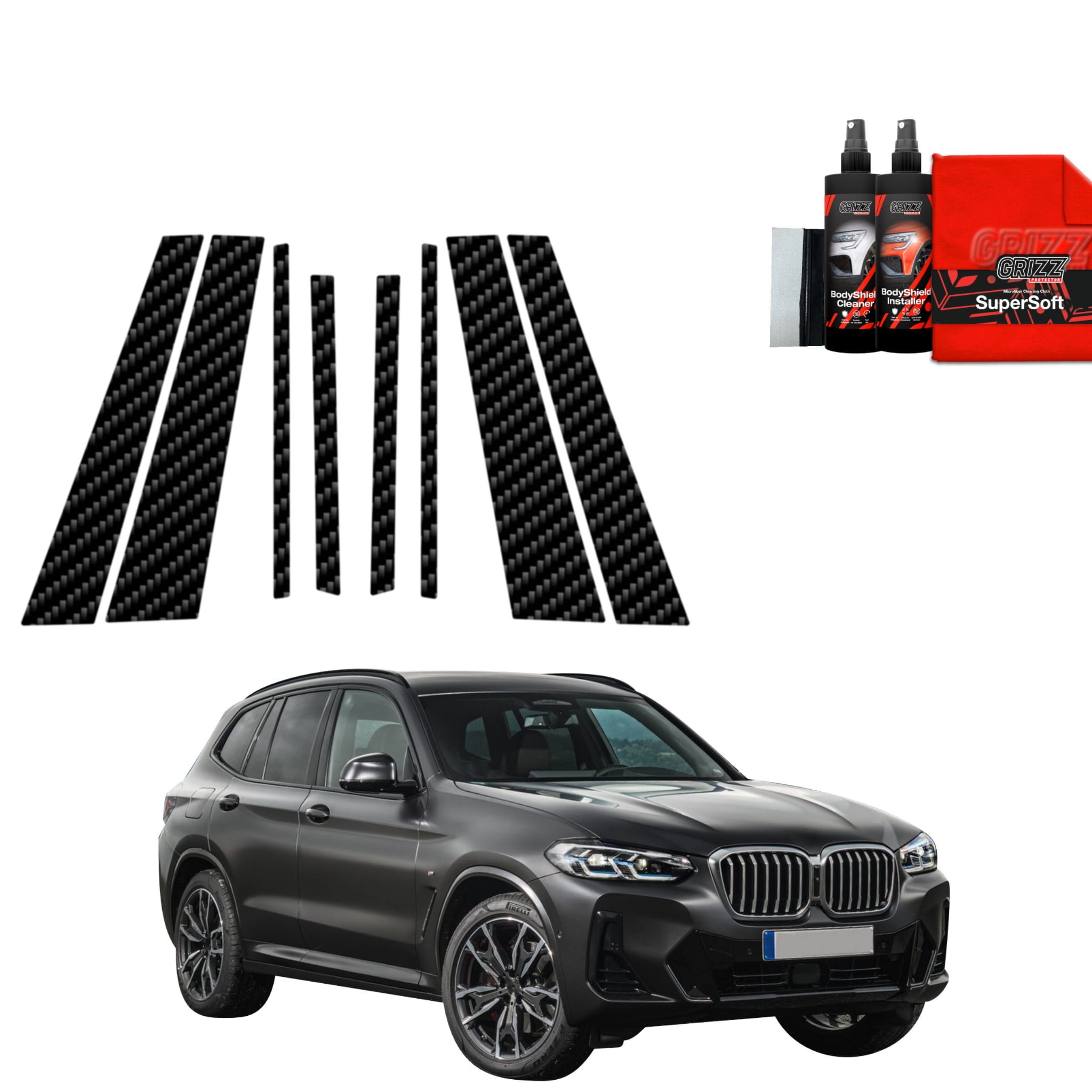 8w1 Czarna folia Grizz Protector na słupki do BMW X3 (2021-2024)