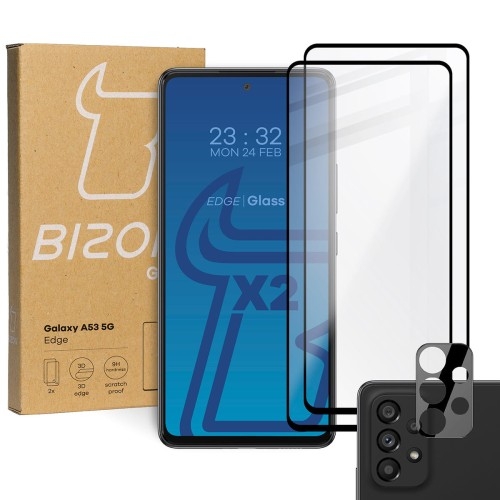 Image of Szkło hartowane Bizon Glass Edge - 2 sztuki + ochrona na obiektyw, Galaxy A53, czarne
