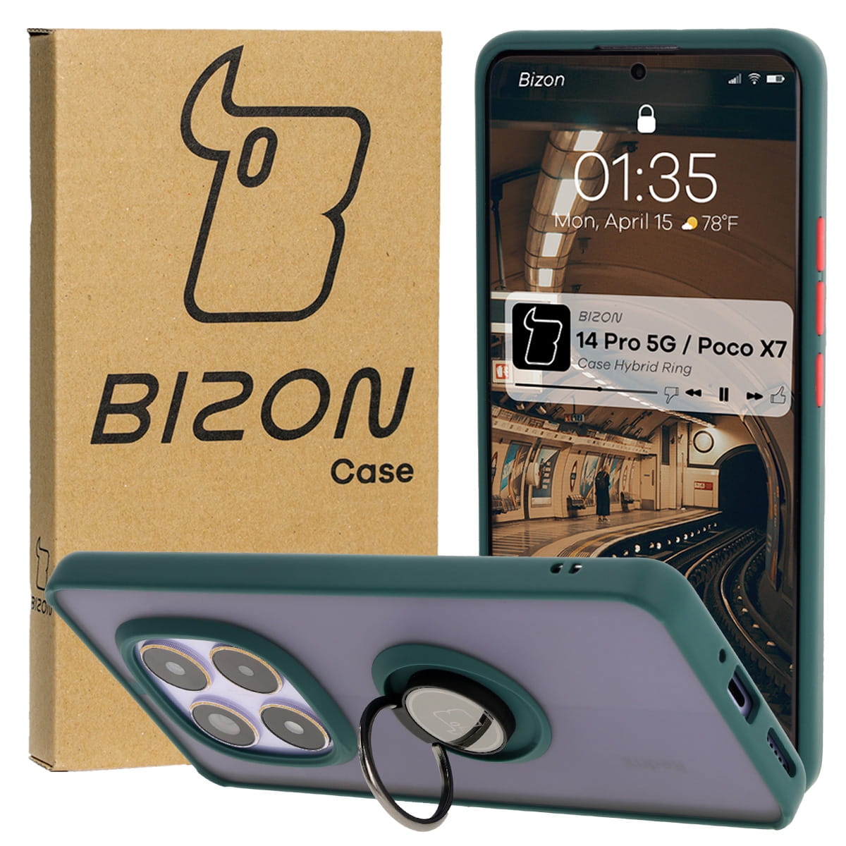 Image of Etui z uchwytem na palec Bizon Case Hybrid Ring do Xiaomi Redmi Note 14 Pro 5G / Poco X7, przydymione z ciemnozieloną ramką