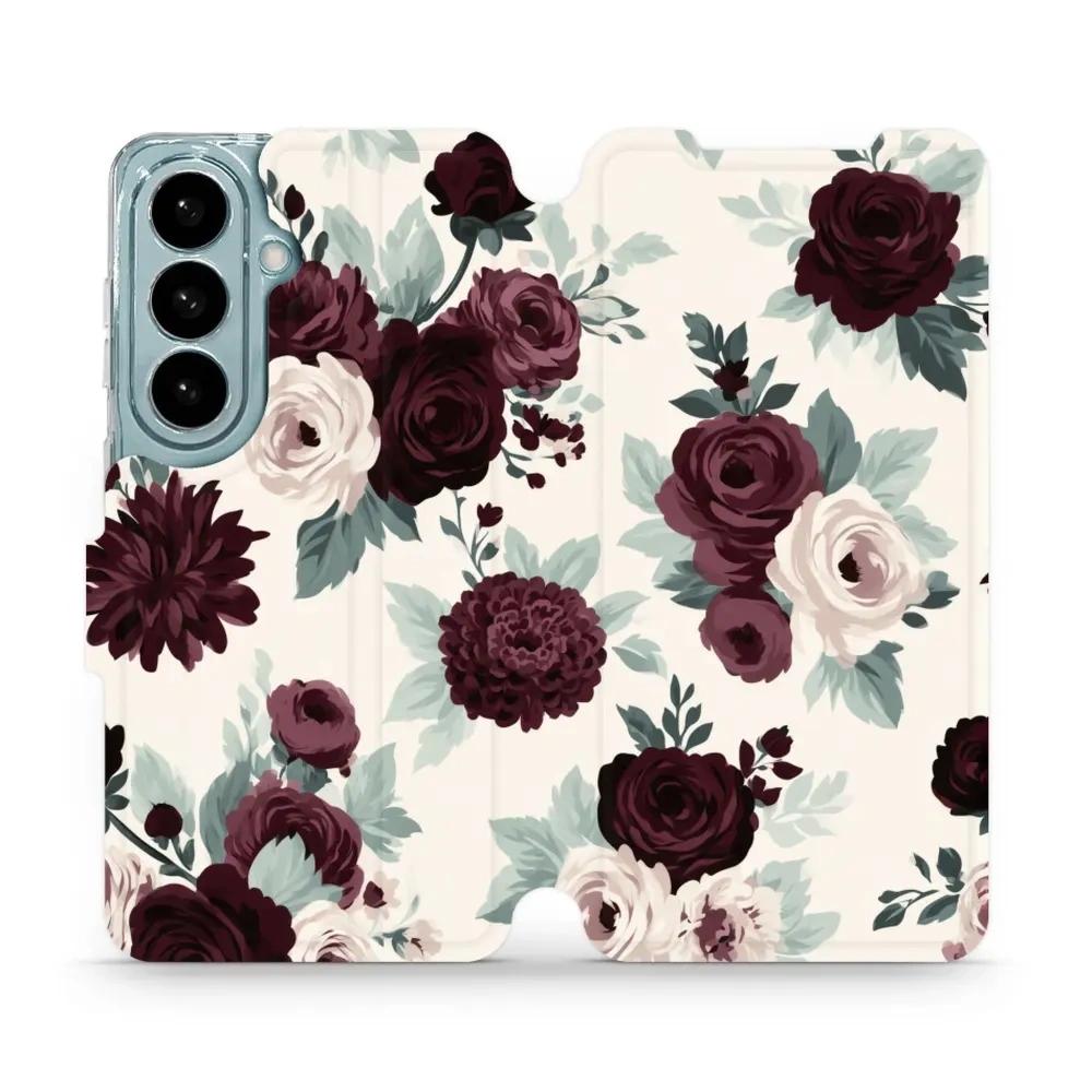 Etui z klapką do Galaxy S26, Mobiwear Book, róże z szałwią na kremie