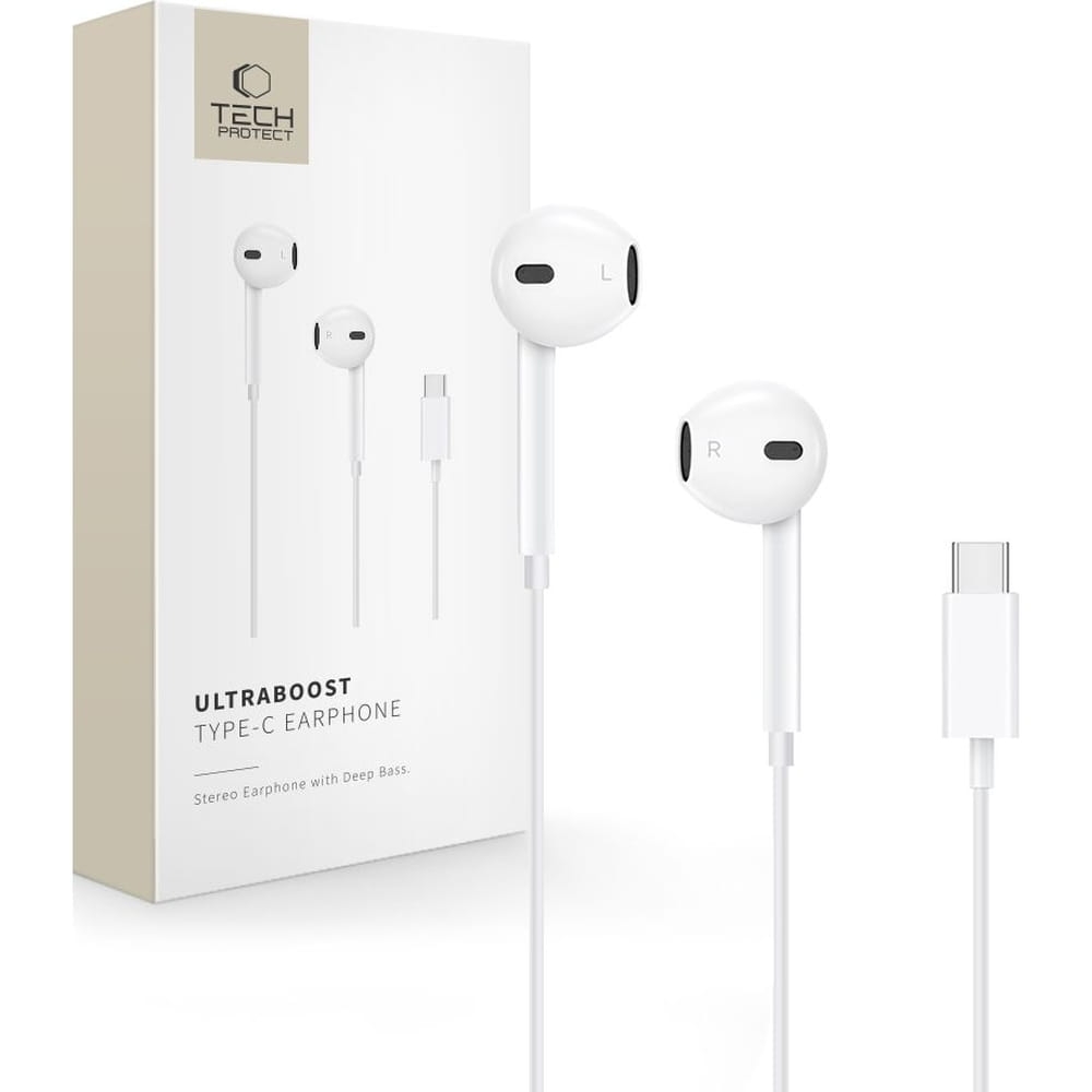 Image of Słuchawki przewodowe douszne Tech-Protect UltraBoost Core, USB-C, 1.2 m, białe