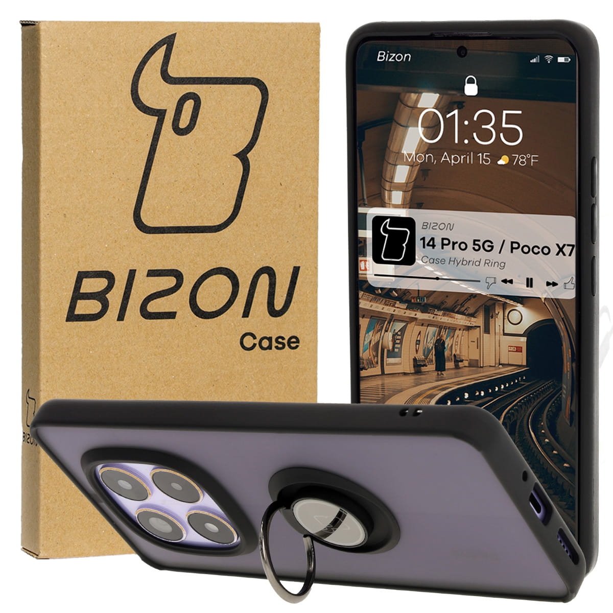 Image of Etui z uchwytem na palec Bizon Case Hybrid Ring do Xiaomi Redmi Note 14 Pro 5G / Poco X7, przydymione z czarną ramką