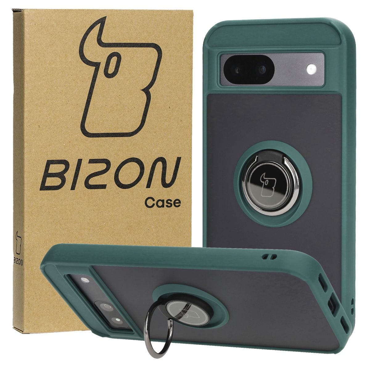 Image of Etui z uchwytem na palec Bizon Case Hybrid Ring do Google Pixel 8a, przydymione z ciemnozieloną ramką