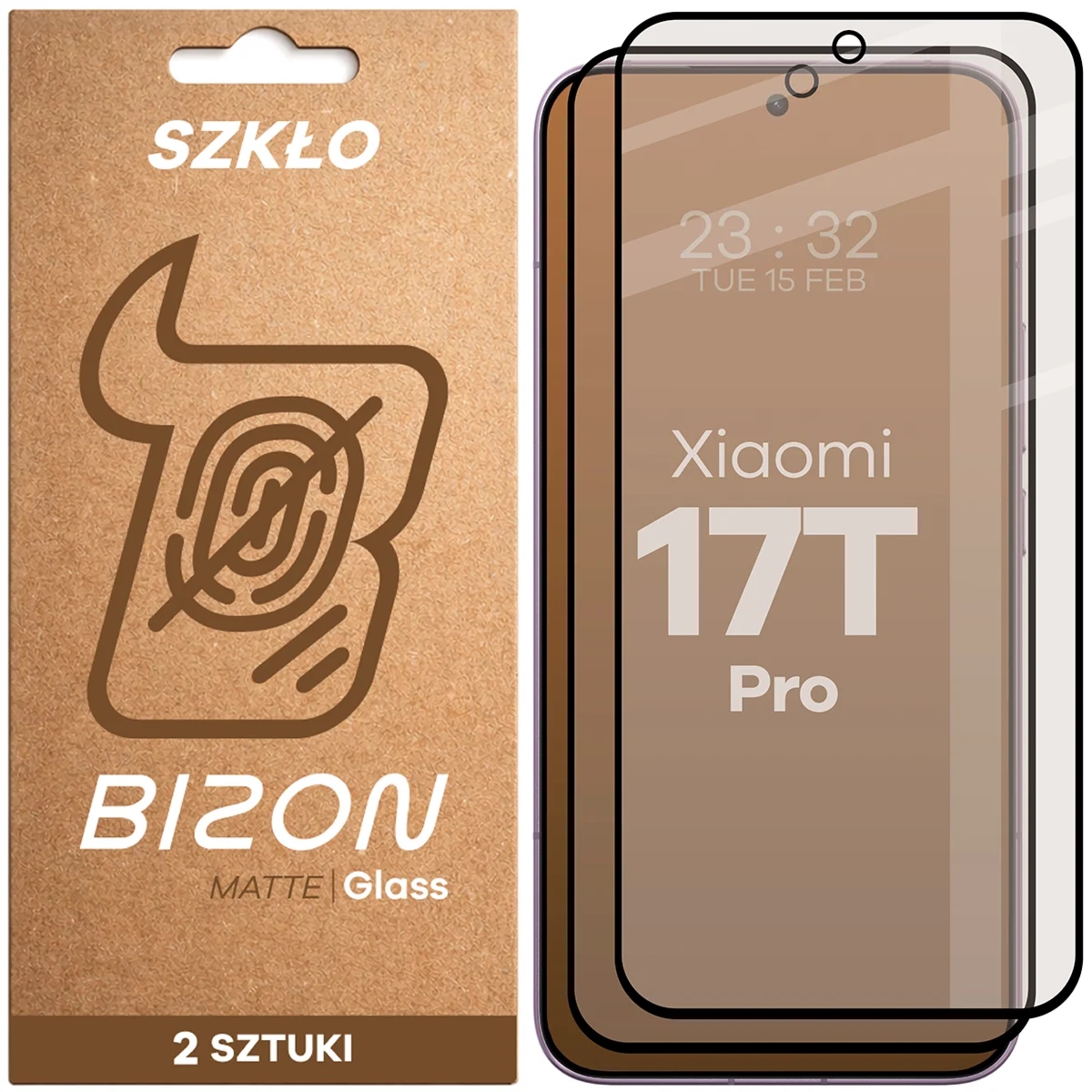 Matowe szkło hartowane Bizon Glass Matte Duo do Xiaomi 17T Pro, czarna ramka, 2 sztuki