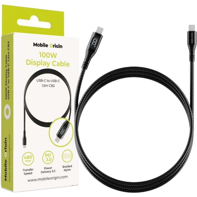 Kabel z oplotem USB-C – USB-C 100W, Mobile Origin Display Cable CB2, 1.5 m, wyświetlacz mocy, czarny