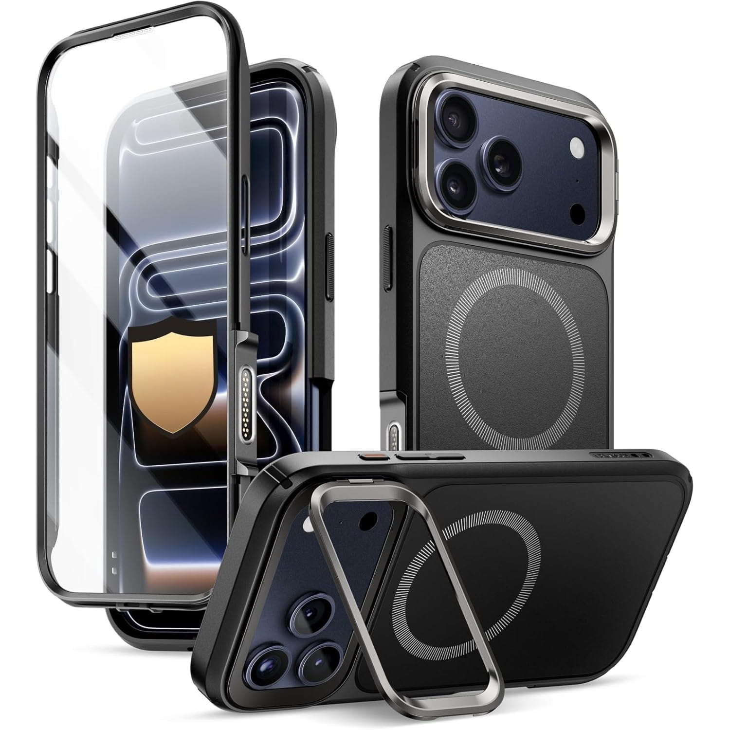 OUTLET: Etui pancerne + szkło 9H Supcase i-Blason Ares Flip Mag SPG (CC) do MagSafe do iPhone 17 Pro Max, czarno-szare